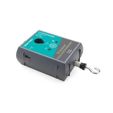 Das Bild zeigt ein Messgerät von Vernier, das zur Erfassung von Kraft und Beschleunigung verwendet wird. Es verfügt über eine digitale Schnittstelle und einen Haken zur Anbringung von Lasten, ideal für Experimente im Bildungsbereich.