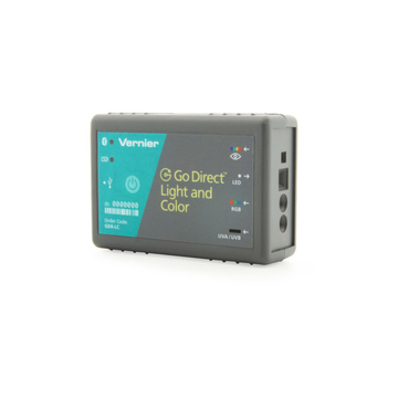 Das Bild zeigt ein Messgerät von Vernier, genannt Go Direct Light and Color, das zur Analyse von Licht und Farben genutzt wird. Es verfügt über verschiedene Anschlüsse und Funktionen zur Messung von UV-, LED- und RGB-Licht.