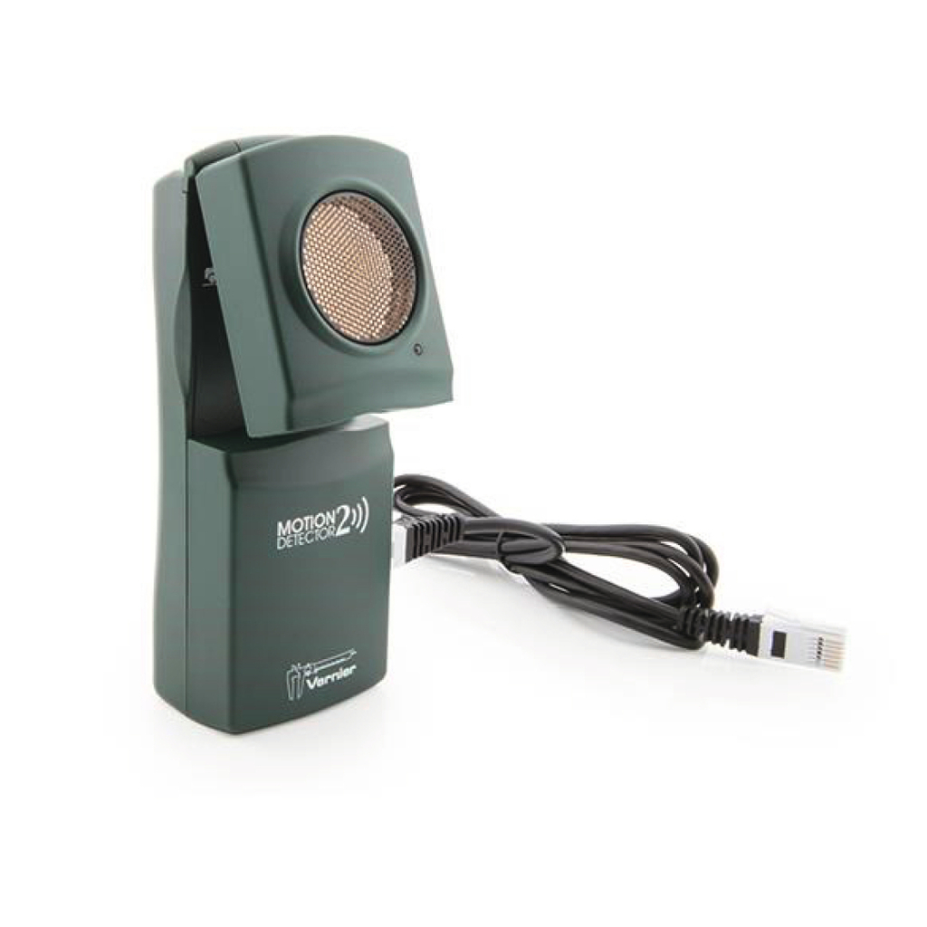 Das Bild zeigt einen Bewegungssensor in grün mit einem Netzwerkkabel, das sich mit der Sensoreinheit verbindet. Dieses Gerät wird häufig im Bildungsbereich eingesetzt, um Experimente zur Bewegungserfassung durchzuführen.