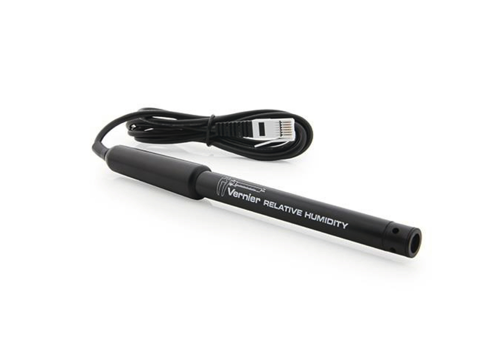 Das Bild zeigt einen Sensor zur Messung der relativen Luftfeuchtigkeit, der in der Bildungswissenschaft verwendet wird. Er ist mit einem Kabel ausgestattet, das für die Verbindung mit einem Messgerät oder Computer dient.