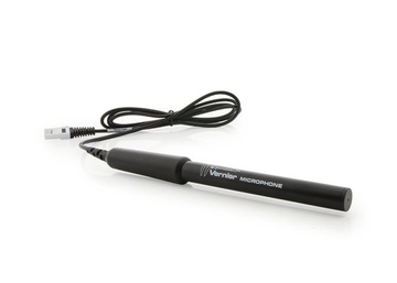 Das Bild zeigt ein schwarzes Mikrofon von Vernier mit einem angebrachten Kabel, das für experimentelle Zwecke verwendet wird. Dieses Gerät dient der Aufnahme von Geräuschen und ist Teil des Experimentierbedarfs für Bildungsinstitutionen.