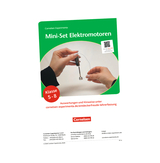 Das Bild zeigt ein Mini-Set für Elektromotoren, das für Schülerinnen und Schüler der Klassen 5 bis 8 gedacht ist. Eine Hand hält eine Batterie und eine Drahtverbindung, um das Experimentieren mit Elektromotoren zu demonstrieren.