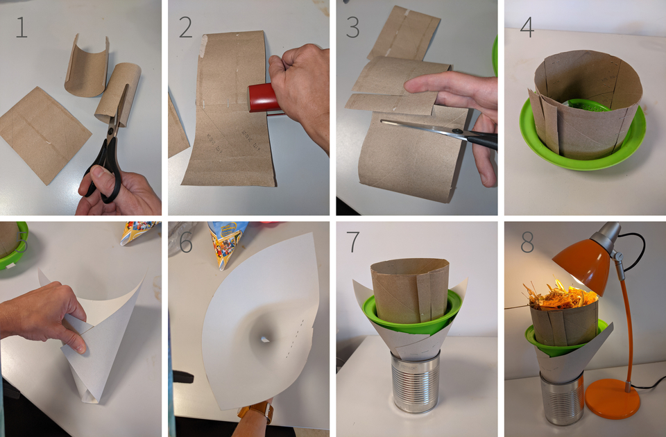 In der Anleitung werden verschiedene Schritte gezeigt, um ein Experimentierger&auml;t aus Pappmaterial und einer Dose herzustellen. Die Fertigstellung umfasst eine einfache Konstruktion, die wahrscheinlich f&uuml;r Demonstrationen in der Bildung gedacht ist.