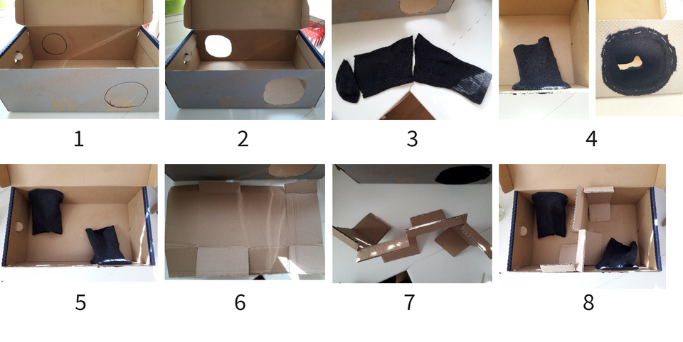 In acht Schritten wird eine Kartonbox mit verschiedenen L&ouml;chern und F&auml;chern visualisiert, vermutlich zur Durchf&uuml;hrung eines Experimentes. Die Box enth&auml;lt schwarze Stoffteile, die als Objekte oder Hilfsmittel dienen k&ouml;nnten.