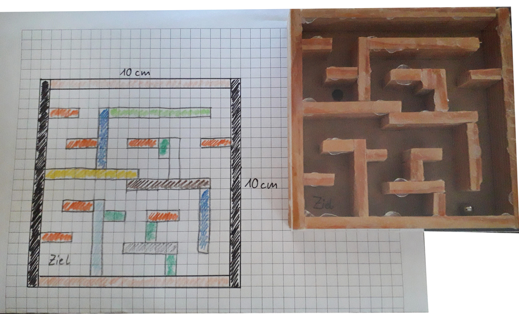 Ein farbiges Labyrinth auf kariertem Papier zeigt verschiedene Wege und Hindernisse, die zu einem Ziel führen. Daneben befindet sich ein handgefertigtes, dreidimensionales Labyrinth in einer Holzbox, das die gleiche Struktur aufweist.