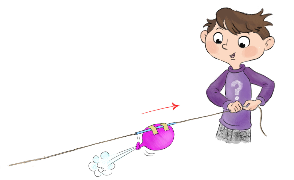 Ein Junge experimentiert mit einem Ballon, der an einem Draht befestigt ist, während er am Draht zieht. Der Ballon ist auf einen Weg vorbereitet, um mit der Luft, die entweicht, in Bewegung zu geraten.