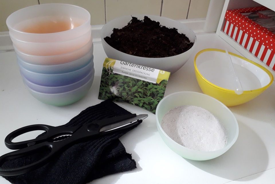 Eine Reihe bunter Schalen steht neben Erde, Saatgut f&uuml;r Gartenkresse und mehreren weiteren Utensilien. Dazu geh&ouml;ren eine Schere, eine schwarze Socke, eine kleinere Schale mit Sand und eine gelbe Schale mit Wasser, die f&uuml;r Experimente genutzt werden k&ouml;nnen.