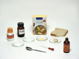 Verschiedene Zutaten für chemische Experimente sind auf einem weißen Hintergrund angeordnet. Darunter befinden sich Grieß, Zucker, Stärke, ein Stück Brot, Jodlösung, sowie eine Pipette und ein Löffel.