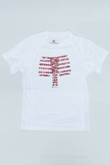 Ein weißes Kinder-T-Shirt mit einem auffälligen Druck, der ein Skelett zeigt, ist abgebildet. Die Illustration besteht aus bunten Mustern und ist für den Bildungsbereich gedacht, um spielerisch Anatomie zu vermitteln.