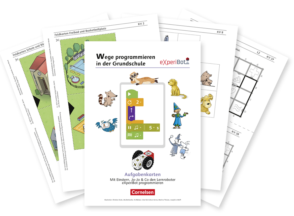 Auf dem Bild sind Arbeitskarten zum Programmieren mit dem Lernroboter eXperiBot f&uuml;r Grundsch&uuml;ler abgebildet. Zudem sind Illustrationen von Tieren und Charakteren sowie verschiedene Spielkarten und &Uuml;bungen zur Unterst&uuml;tzung des Lernprozesses enthalten.