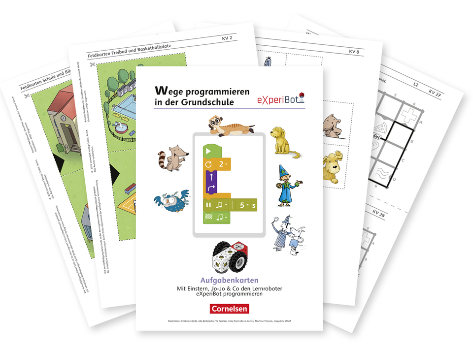 Auf dem Bild sind Arbeitskarten zum Programmieren mit dem Lernroboter eXperiBot f&uuml;r Grundsch&uuml;ler abgebildet. Zudem sind Illustrationen von Tieren und Charakteren sowie verschiedene Spielkarten und &Uuml;bungen zur Unterst&uuml;tzung des Lernprozesses enthalten.