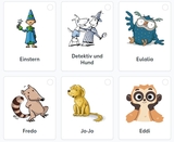 Es sind mehrere niedliche, cartoonartige Charaktere abgebildet, darunter ein Zauberer namens Einstern, ein Detektiv mit Hund, eine Eule namens Eulalia, sowie weitere Tiere wie Fredo, Jo-Jo und Eddi. Diese Figuren scheinen Teil eines kreativen Bildungsangebots zu sein.