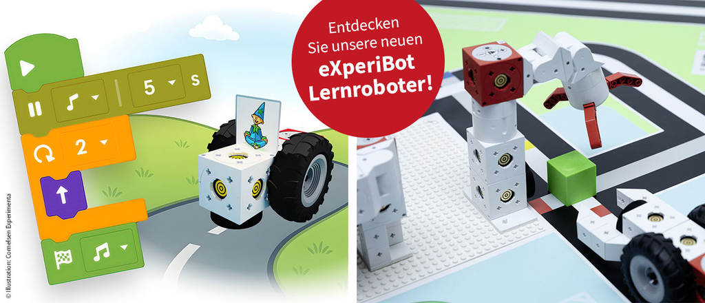 Auf der Abbildung sind verschiedene Lernroboter zu sehen, die für den Einsatz im Bildungsbereich konzipiert sind. Diese Roboter können programmiert werden und sind Teil eines interaktiven Lernspiels, das Programmierkenntnisse fördert.