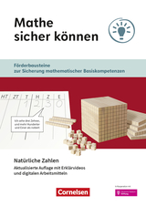 Ein Lehrmittel zur Festigung mathematischer Grundkenntnisse wird präsentiert, das geometrische Holzklötze und einen Hinweis auf digitale Lernressourcen umfasst. Die Darstellung zeigt eine Zahlen-Tabelle und Materialien zur Veranschaulichung von natürlichen Zahlen.