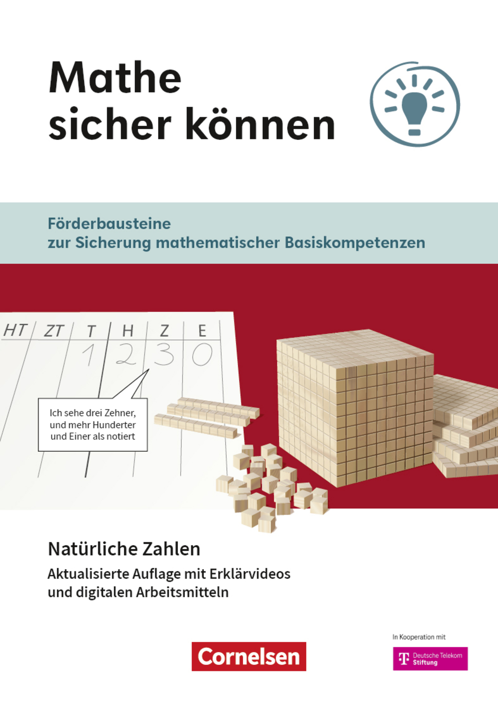Ein Lehrmittel zur Festigung mathematischer Grundkenntnisse wird präsentiert, das geometrische Holzklötze und einen Hinweis auf digitale Lernressourcen umfasst. Die Darstellung zeigt eine Zahlen-Tabelle und Materialien zur Veranschaulichung von natürlichen Zahlen.