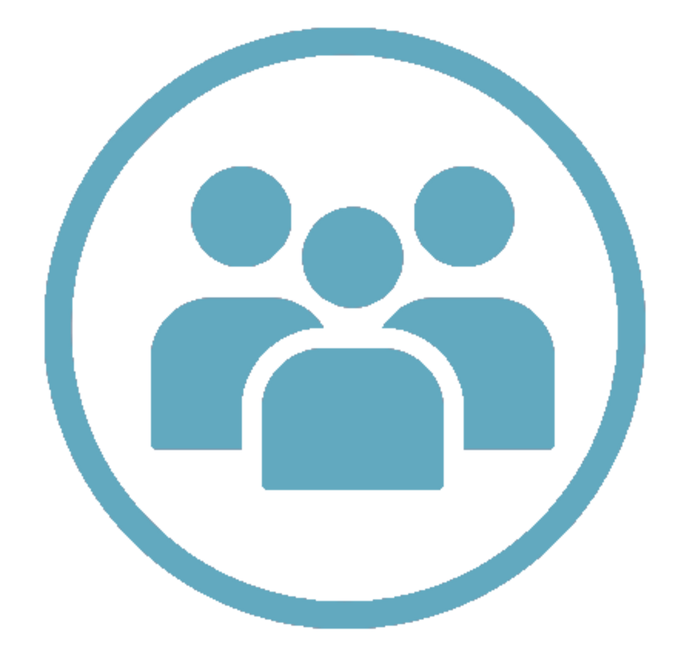 Eine stilisierte Darstellung von drei Personen in einem runden, hellblauen Symbol ist zu sehen. Dieses Icon k&ouml;nnte die Interaktion oder Zusammenarbeit in einem schulischen oder wissenschaftlichen Kontext symbolisieren.