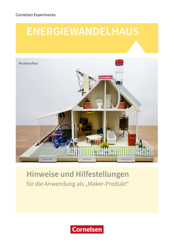 Ein Modell eines Hauses wird gezeigt, das verschiedene Energiequellen wie Wasserstoff, Solarstrom und Solarthermie darstellt. Es dient als didaktisches Hilfsmittel für Experimente im Bildungsbereich, unterstützt durch Hinweise zur Anwendung als Maker-Produkt.