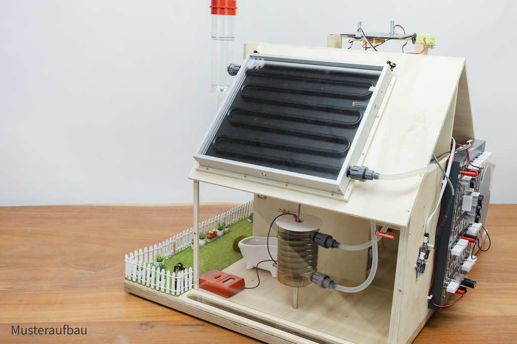 Ein Modell eines Hauses ist dargestellt, das mit einem Solarpanel und verschiedenen Komponenten zur Wasserversorgung ausgestattet ist. Es befindet sich auf einer Holzplatte mit einer kleinen Gartenlandschaft aus Kunststoffpflanzen und einem weißen Zaun.