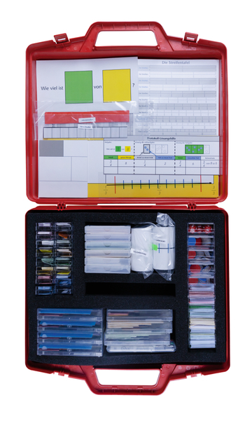 Ein roter Koffer enthält ein Set für physikalische Experimente, inklusive einer Anleitung im Deckel. In der unteren Hälfte befinden sich diverse Messutensilien und Materialproben in kleinen Kunststoffboxen.