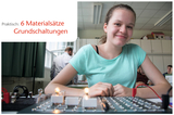 Ein lächelndes Mädchen arbeitet an einem physikalischen Experiment mit Grundschaltungen. Daneben bewirbt ein Text die praktischen Materialsätze für den Unterricht.