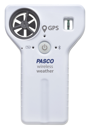 Gezeigt wird eine weiße PASCO Wireless Weather Wetterstation für Bildungszwecke. Das Gerät verfügt über eine Windmesser-Öffnung, GPS-Funktionalität sowie einen Power-Button.
