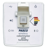 Ein weißes, drahtloses Kolorimeter und Trübungsmessgerät der Marke PASCO wird von oben gezeigt. Es verfügt über ein Fach für Probenküvetten sowie verschiedene Funktionssymbole auf der Gehäuseoberfläche.