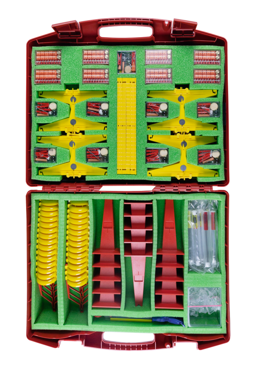 Ein roter Koffer enthält ein Physik-Experimentierset, das in grünem Schaumstoff fixiert ist. Darin befinden sich gelbe Halterungen, rote Bauteile und diverse Kleinteile für den Unterricht.